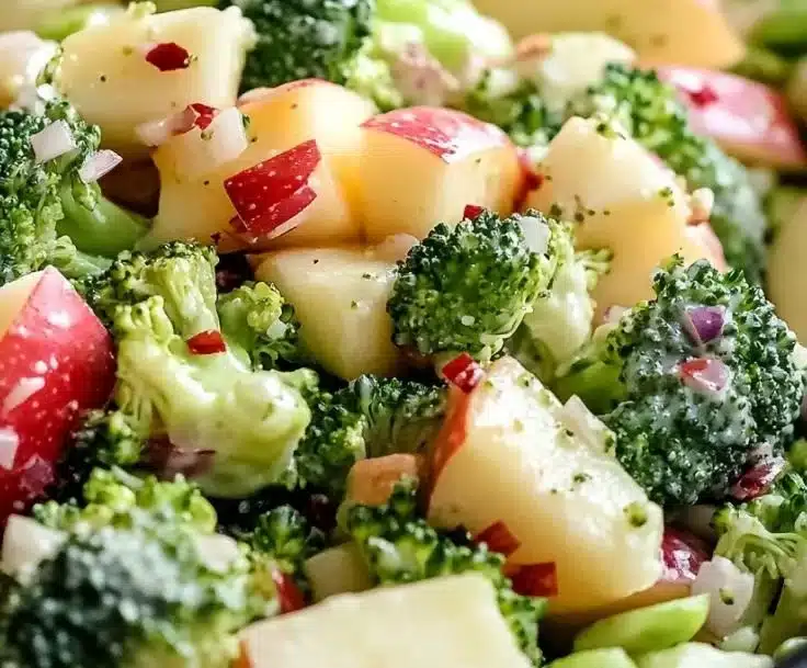 Fresh and colorful Apple Broccoli Salad with nuts and dressing