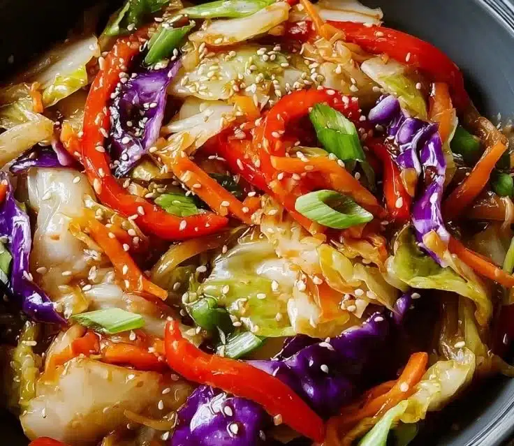 Asian Cabbage Stir Fry 3 Colorful Asian cabbage stir fry with vegetables in a skillet
