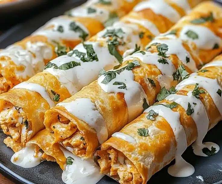 Baked Buffalo Chicken Taquitos served on a platter with dipping sauce