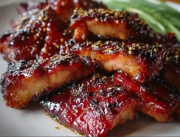 Delicious barbecued pork chicken on a grill, showcasing its smoky flavor and delicious color.