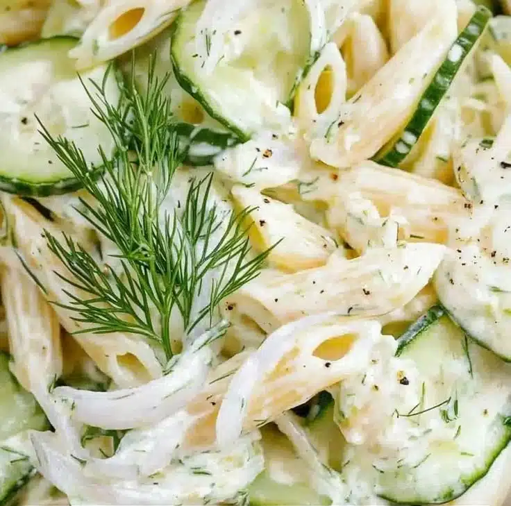 Delicious cucumber pasta salad served in a bowl with fresh vegetables
