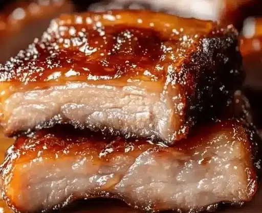 Delicious honey-glazed crispy pork belly served on a plate