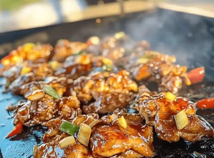Delicious Blackstone Bourbon Chicken served on a plate with garnish.