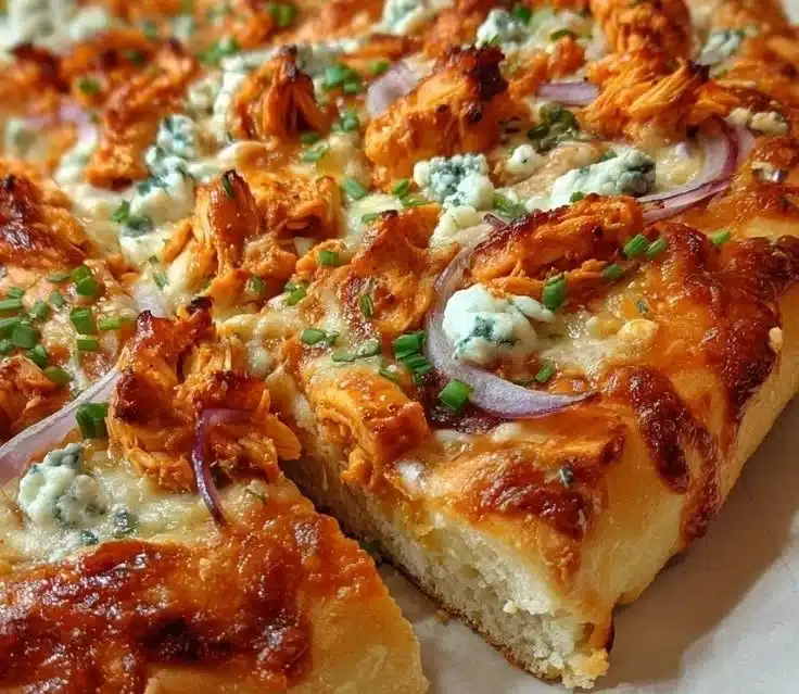 Slice of Bold Buffalo Chicken Pizza topped with spicy chicken and melty cheese