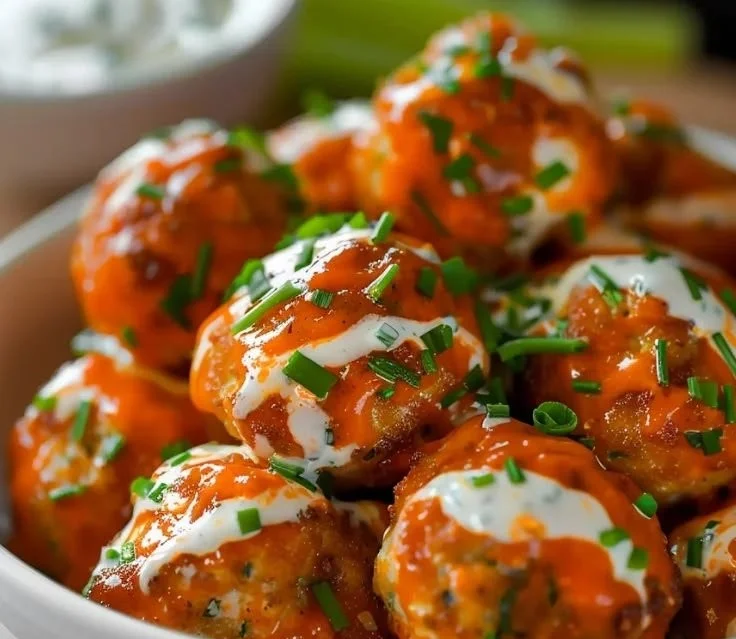 Plate of spicy Buffalo Chicken Meatballs garnished with parsley