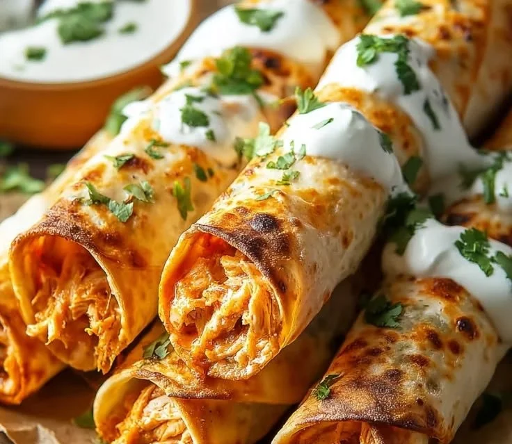 Buffalo Chicken Taquitos 3 Delicious Buffalo Chicken Taquitos served with dipping sauce on a plate