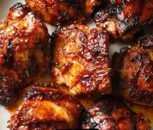 Caramelized BBQ chicken thighs baked in the oven, beautifully glazed and juicy.