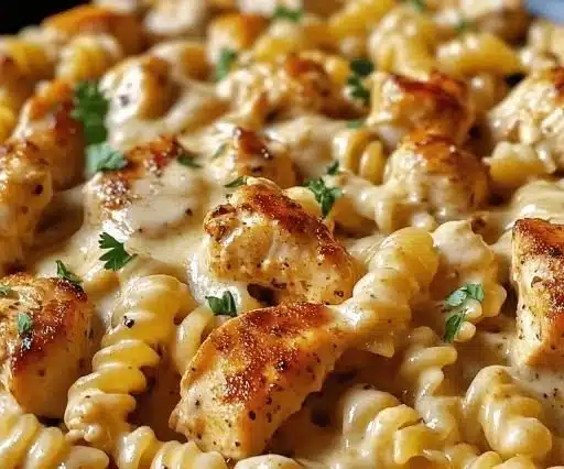 Cheesy Cajun Garlic Chicken Rotini Skillet served in a cozy setting