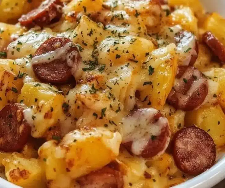 Cheesy Ranch Potatoes with Smoked Sausage 3 Cheesy Ranch Potatoes with Smoked Sausage served in a bowl