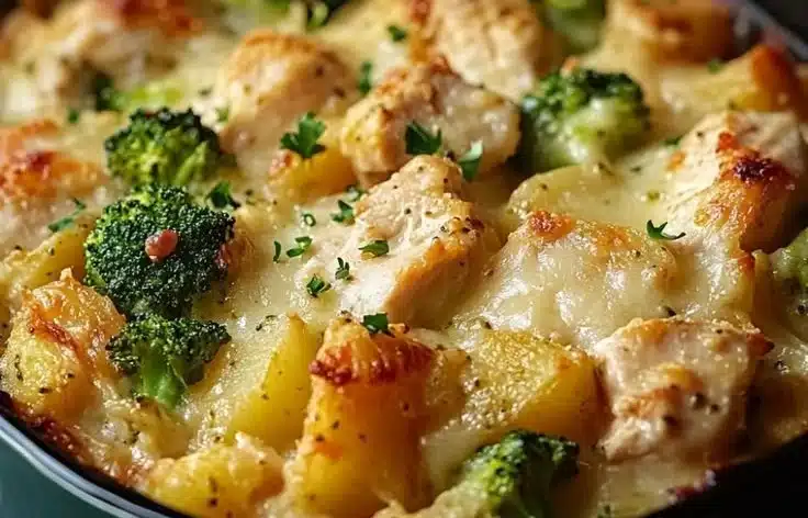 Delicious Chicken Potato Broccoli Casserole with melted cheese and fresh vegetables