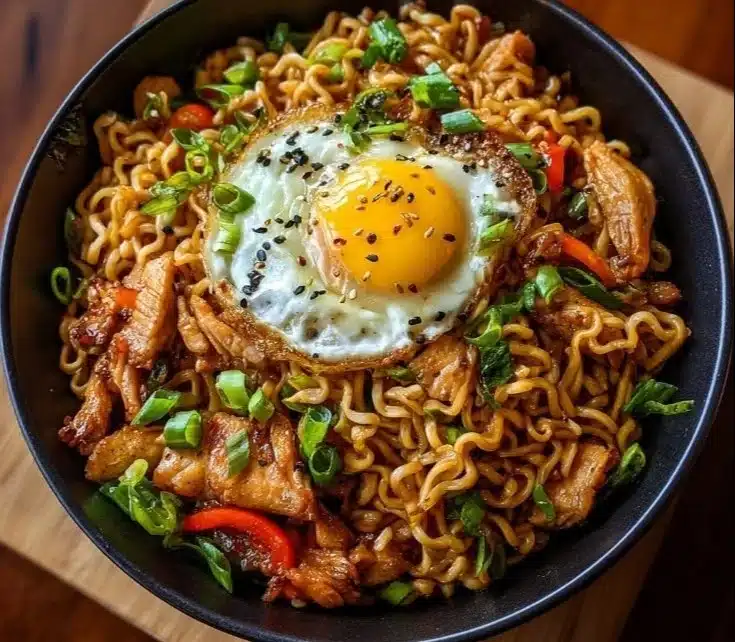 Delicious bowl of Chicken Ramen Stir Fry with chicken and vegetables.