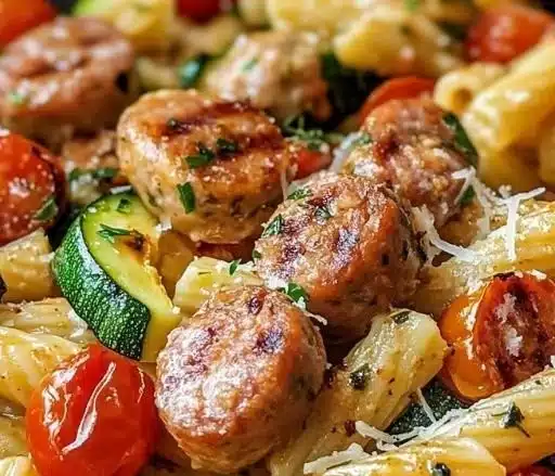 Chicken Sausages with Zucchini, Tomatoes, and Pasta 1 Chicken Sausages with Zucchini, Tomatoes, and Pasta