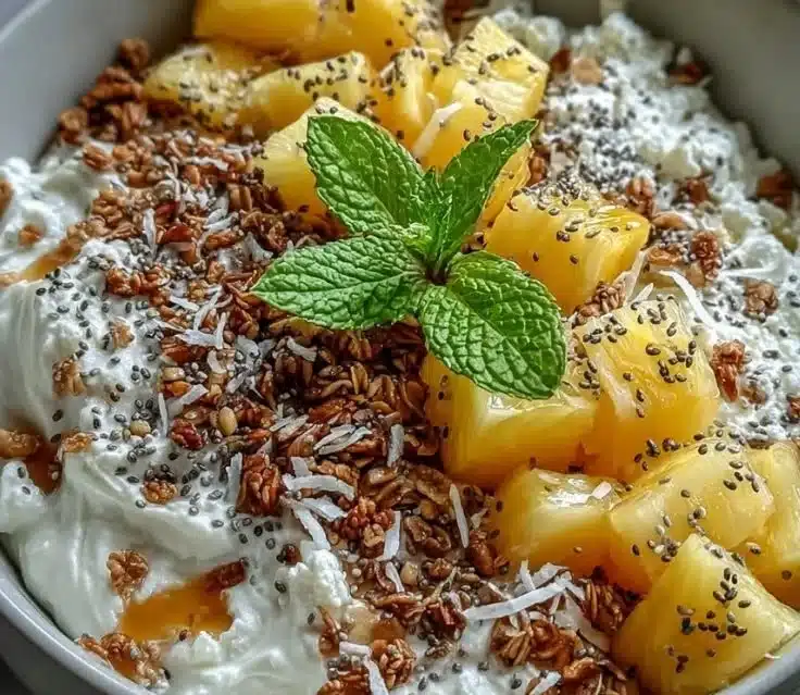 Delicious Cottage Cheese Pineapple Granola Bowl topped with fresh fruit and nuts