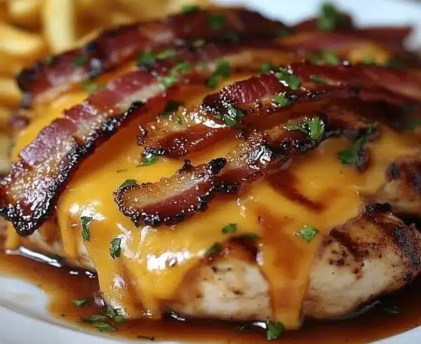 Cowboy BBQ Bacon Cheddar Chicken 3 Cowboy BBQ Bacon Cheddar Chicken dish with BBQ chicken, bacon, and cheddar cheese