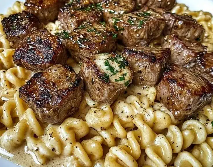 Creamy garlic butter steak bites served with spicy Cajun Alfredo twisted pasta
