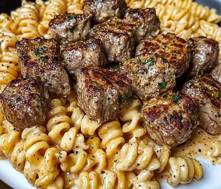 Creamy Garlic Butter Steak Bites with Spicy Cajun Alfredo Twisted Pasta