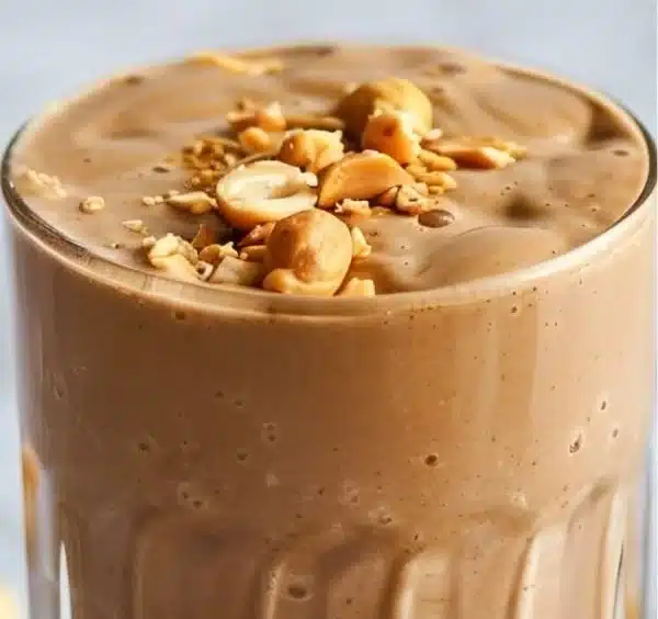 Creamy peanut butter protein smoothie in a glass with fresh ingredients