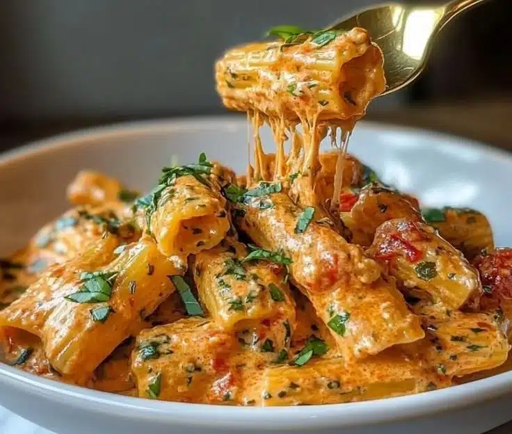 Creamy tomato garlic pasta dish served in a bowl with herbs on top.