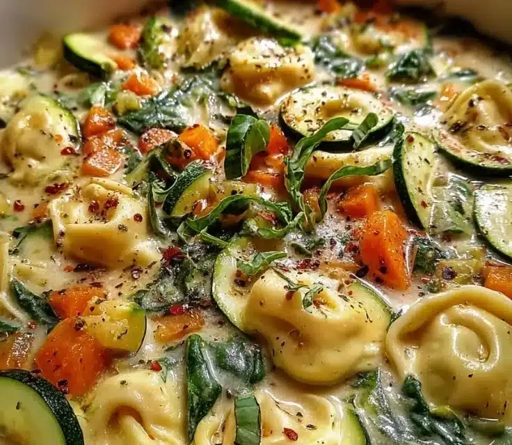 Bowl of creamy vegetable tortellini soup with fresh herbs and vegetables