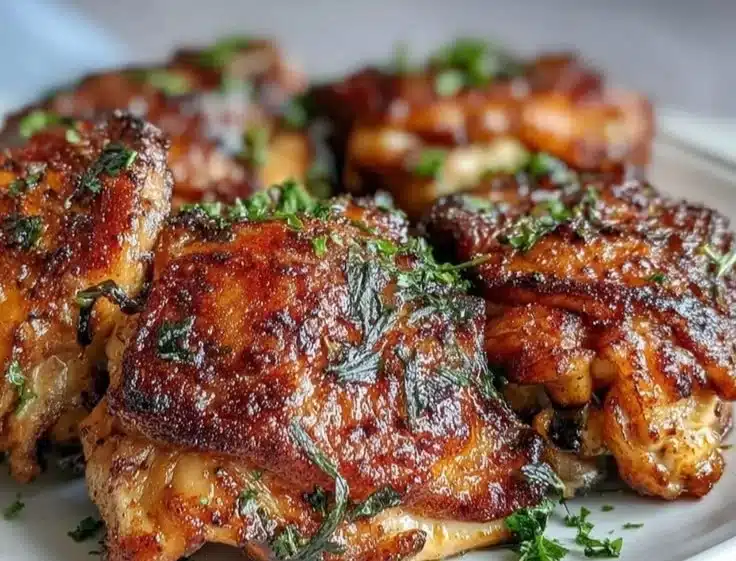 Crispy Baked Bone-In Chicken Thighs 3 Crispy baked bone-in chicken thighs arranged on a plate