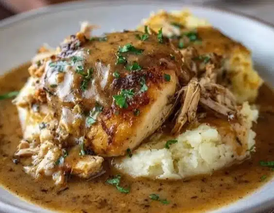 Crockpot Chicken and Gravy served on a plate with herbs garnishing