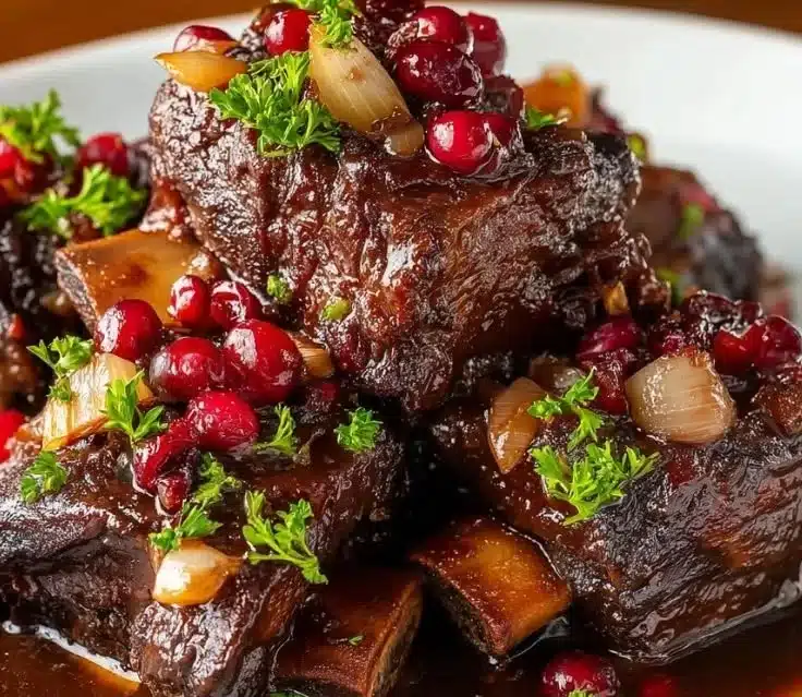 Crockpot Cranberry Beef Short Ribs served with garnish on a plate