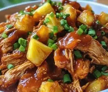 Crockpot Pineapple BBQ Chicken 3 Crockpot Pineapple BBQ Chicken served with rice and garnished with green onions.