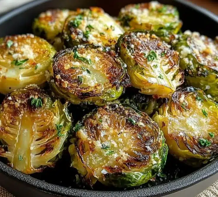 Delicious Garlic Butter Roasted Brussels Sprouts 3 Plate of delicious garlic butter roasted Brussels sprouts garnished with herbs