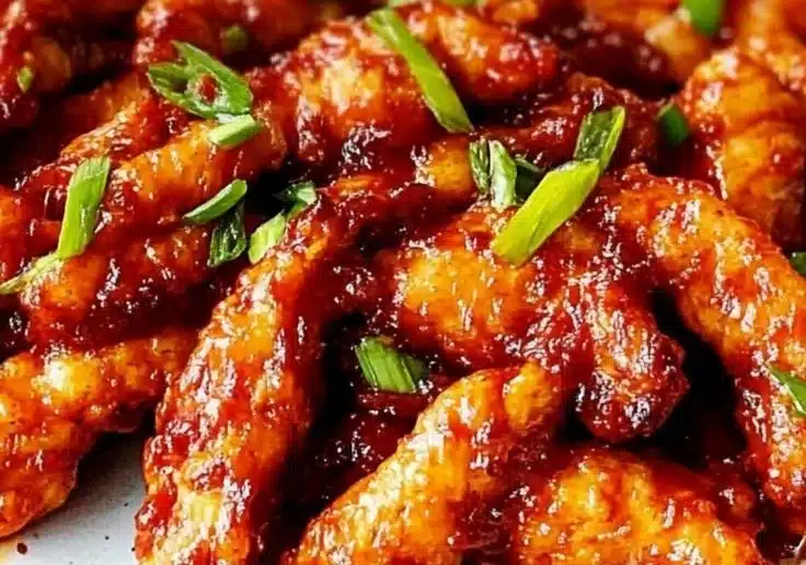 Plate of spicy Dragon Chicken garnished with vegetables and herbs