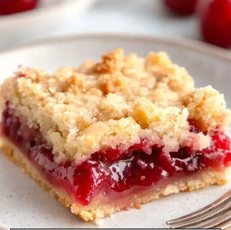 Grill Fresh Eats 3 Delicious cherry crumble bars on a wooden table with fresh cherries