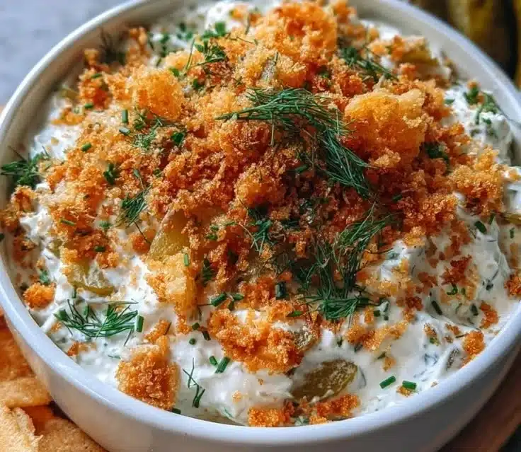 Fried Pickle Ranch Dip 3 Creamy Fried Pickle Ranch Dip served with crispy chips
