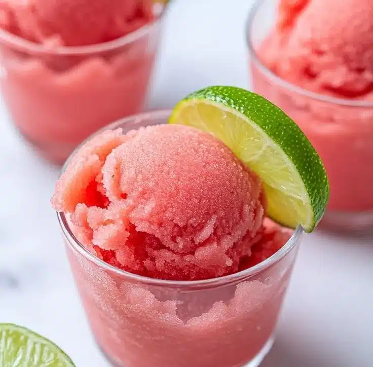Frozen 2-Ingredient Watermelon Sorbet 3 Delicious frozen 2-ingredient watermelon sorbet in a bowl