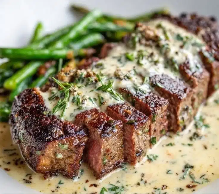 Juicy garlic butter steak garnished with creamy parmesan sauce on a plate