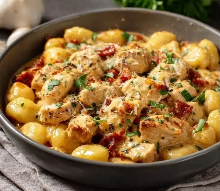 Delicious Garlic Chicken Gnocchi Skillet topped with herbs and spices