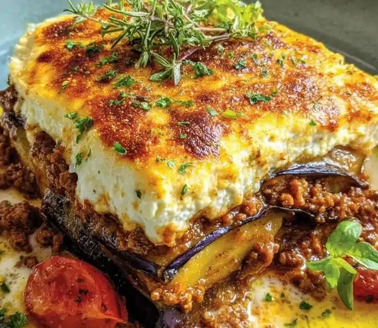 Delicious Greek Eggplant Lasagna with Lamb served on a plate