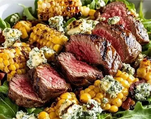 Grilled balsamic steak salad with fresh greens and cherry tomatoes on a plate
