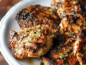 Juicy grilled boneless chicken thighs garnished with herbs and spices on a platter.