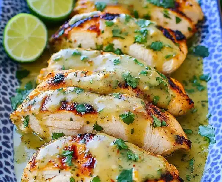 Grilled salsa verde chicken topped with pepper jack cheese on a plate