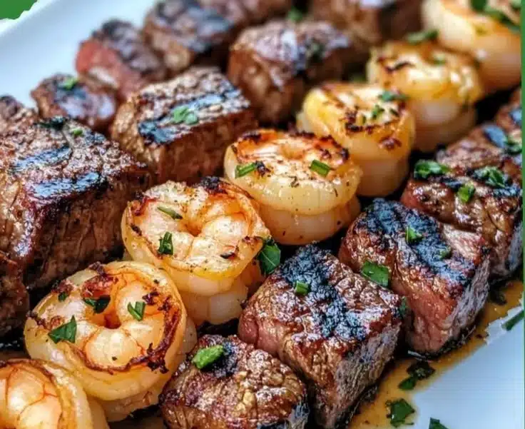 Grilled steak and shrimp skewers drizzled with garlic butter ready to serve.