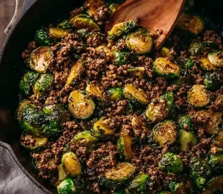 Ground beef sautéed with Brussels sprouts in a healthy dish