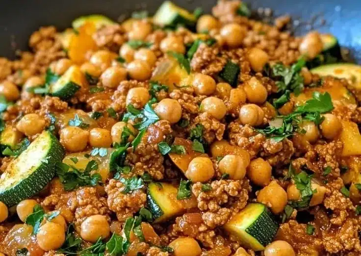 Ground turkey zucchini chickpea skillet recipe for healthy meal