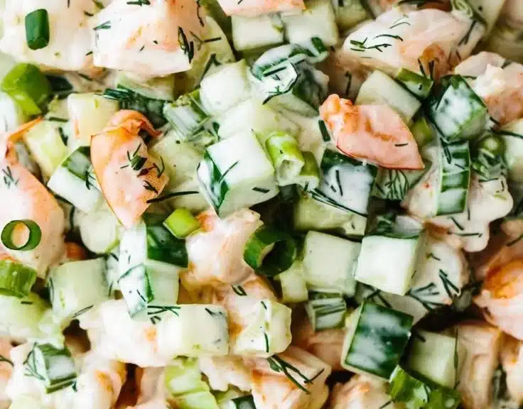 Healthy Cucumber Shrimp Salad with fresh vegetables and shrimp