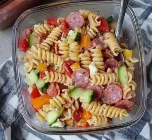 High protein Italian pasta salad with vegetables and dressing