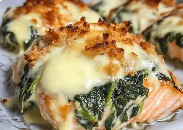 Irresistible baked salmon served with spinach and mozzarella cheese