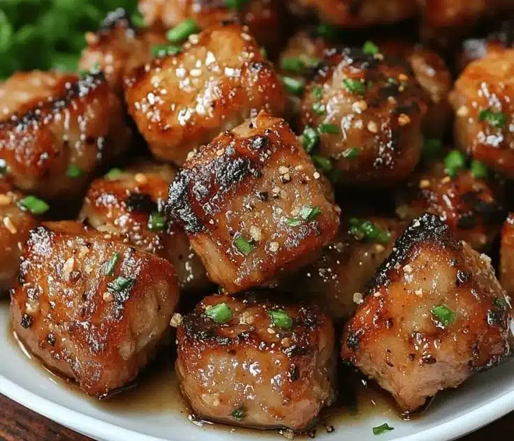 Savory garlic pork bites served on a platter, ready to be enjoyed.