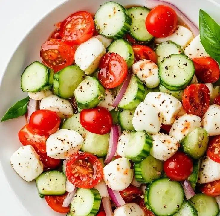 Juicy Cucumber Caprese Salad with fresh ingredients on a plate
