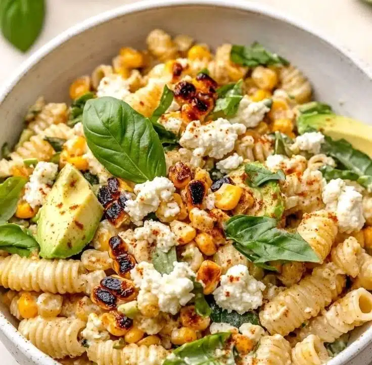 Delicious street corn pasta salad with fresh vegetables and dressing