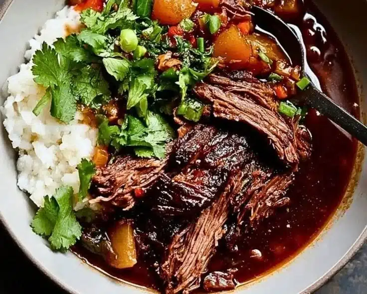 Delicious Korean Style Pot Roast served with vegetables and rice for a comforting meal.
