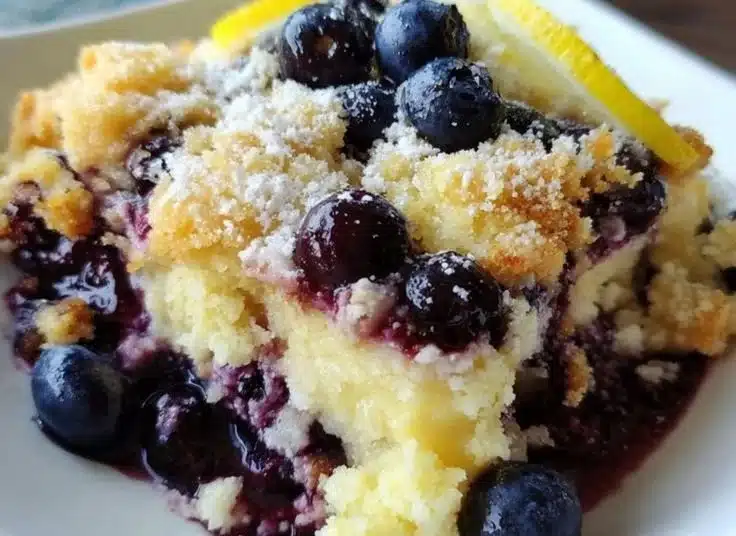 Lemon Blueberry Cheesecake Dump Cake with blueberries and lemon slices
