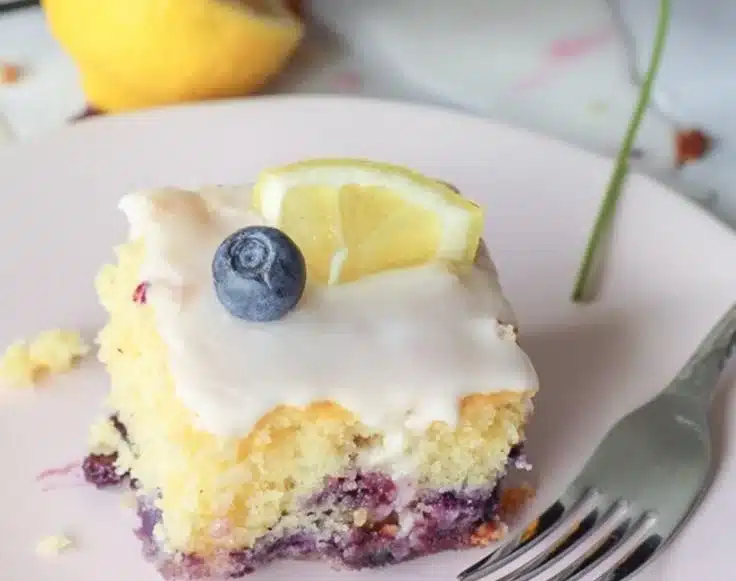 Lemon Blueberry Sheet Cake 3 Lemon Blueberry Sheet Cake with fresh blueberries and lemon zest on a white plate